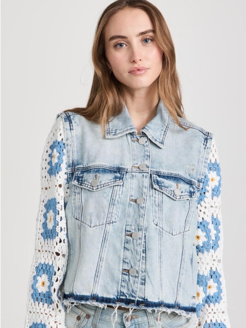 Blank NYC All Out Light Wash Denim Jacket with Flower Crochet Sleeves Size Large